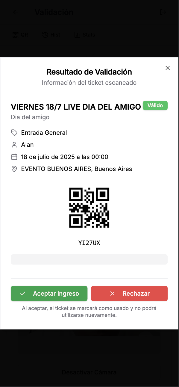 Detalle de la entrada QR en el validador de Tickean